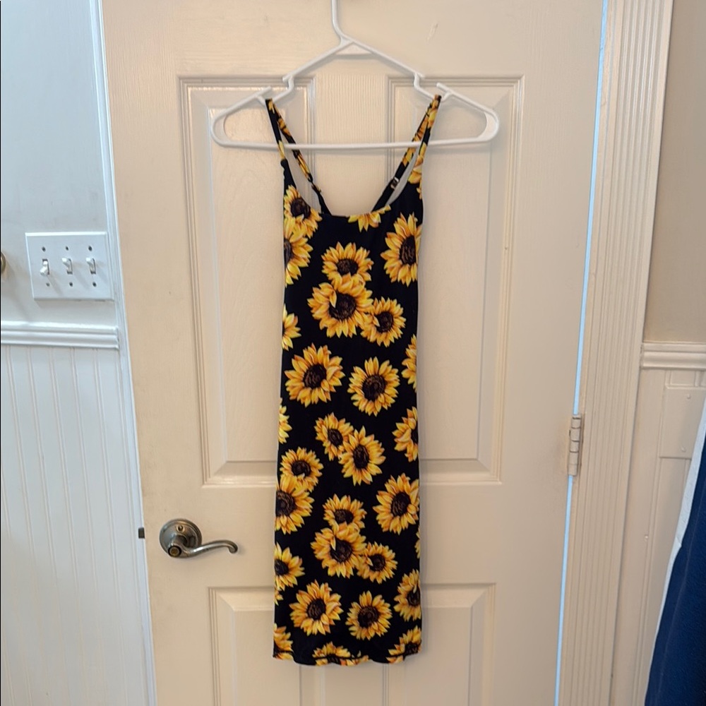 Sunflower Print Racerback Spaghetti Strap Dress with built-in bra and shorts